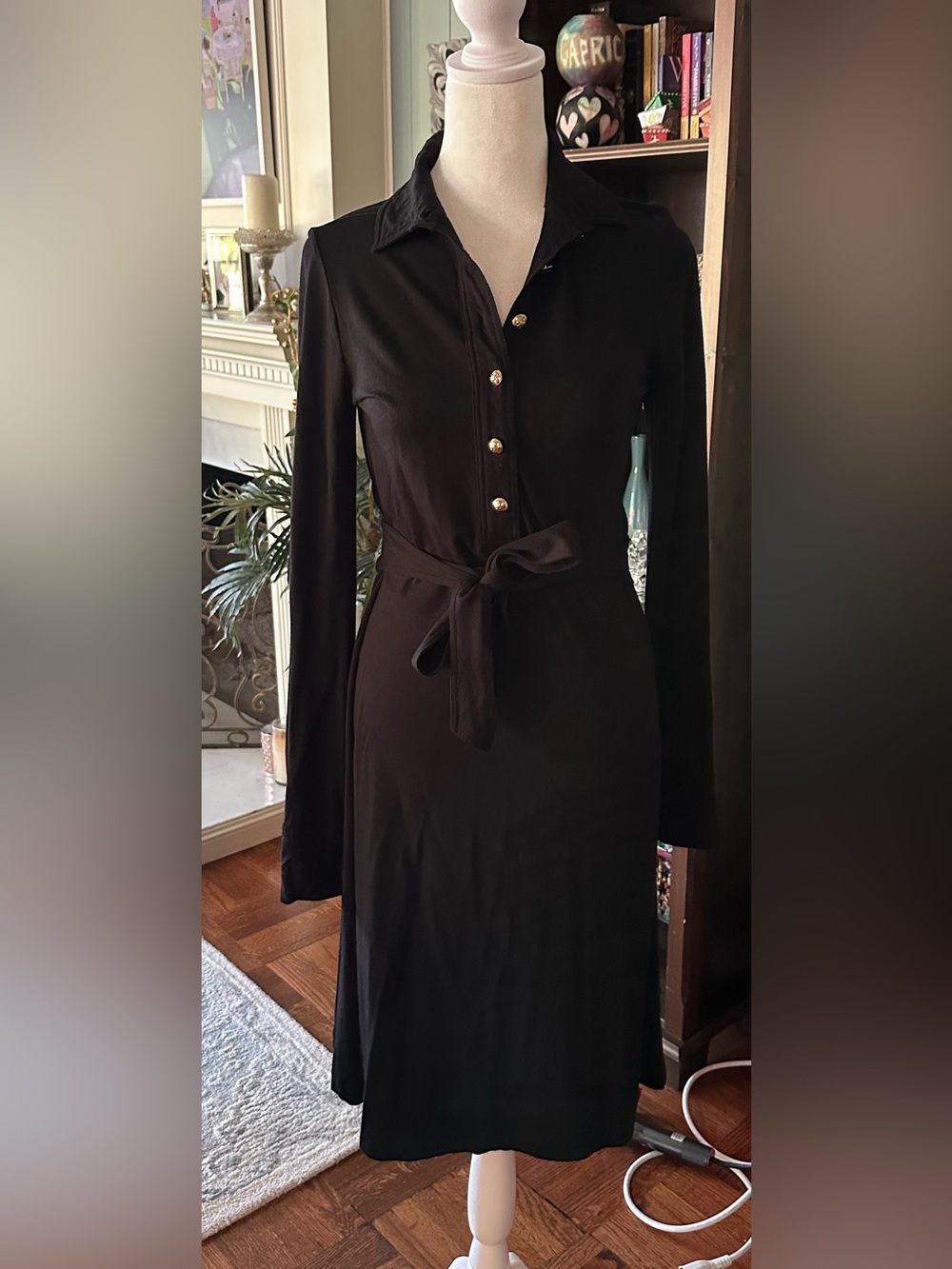 J. Crew Black Long-Sleeve Shirt Dress with Tie Belt